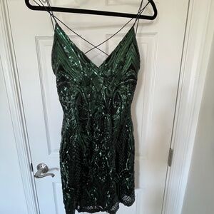 Windsor Black Green Sequin Mini Cocktail Dress Open Strappy Back Size Large